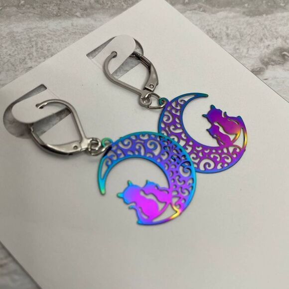 Anadeliss Handmade Crescent Moon Cats Rainbow Steel Etched Earrings Halloween - Picture 1 of 9